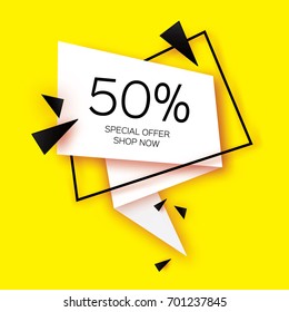 Modern paper cut geometric sale banner, special offer, 50 percents discount. Origami Trendy Label tag template. Shop now. Space for text. Yellow background. Vector