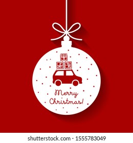 Modern paper cutout style hanging red christmas ornament with merry christmas text and gift boxes on top of a car icon. Traditional christmas ball on flat design.