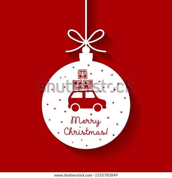 Modern paper cutout style\
hanging red christmas ornament with merry christmas text and gift\
boxes on top of a car icon. Traditional christmas ball on flat\
design.