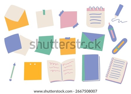 Modern paper notes on stickers vector illustration set. Office notepapers and information board in flat hand drawn style. Paper sheets form notepad isolated collection of sticky notes