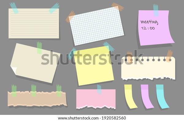 Modern paper\
notes on stickers flat illustration set. Cartoon torn paper sheets\
form notepad isolated vector illustration collection. Office\
notepapers and information board\
concept