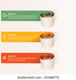 Modern paper spiral infographics options banner. Paper Roll. Vector illustration. Isolated on white background. Set