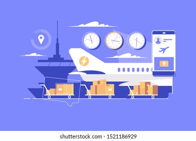 Modern parcel delivery vector illustration. Big cargo airplane shipping important cargo and cardboard boxes to internet users buying products and commodities on internet