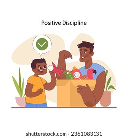 Modern parenting. Children raising method, kids upbringing and education by positive discipline. Supportive dad encourage a boy to put away toys. Vector flat illustration