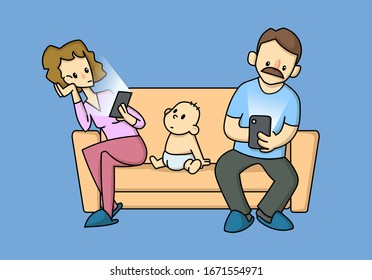Moderne Eltern, die an elektronische Geräte gewöhnt sind, sitzen auf einer Couch und ignorieren ihr Kleinkind. Flache Cartoon-Vektorillustration, einzeln auf blauem Hintergrund.