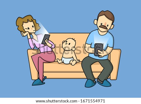 Modern parents addicted to electronic gadgets sitting on a couch ignoring their toddler child. Flat cartoon vector illustration, isolated on blue background.