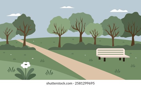 Modern park. Park cartoon. Spring season. Summer vacation. Picnic place. Trees. Bushes. Park pathway. Walkway. Bench park. 