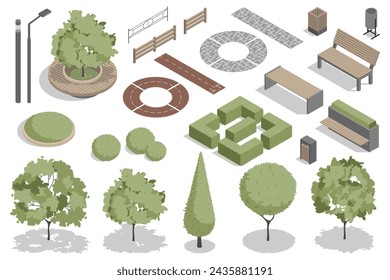 Modern park isometric elements constructor mega set. Creator kit with flat graphic street lanterns, trees and bushes, fences, benches, trash bins, pathes. Vector illustration in 3d isometry design