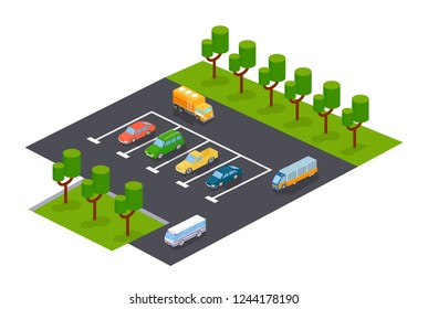 Modern parking with parking zone for cars and other vehicles. Appearance of section outdoor parking lot, asphalted area with markings and direction, landscape with vegetation. Isometric vector.