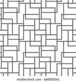 Modern parquet vector. Black geometrical figures tessellation on white background. Seamless surface pattern design with polygons. Repeated blocks abstract wallpaper. Mosaic motif. Digital paper art.