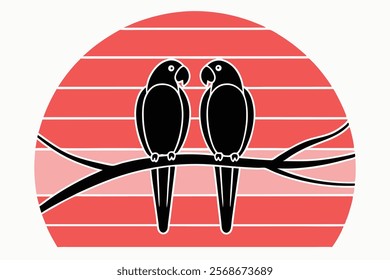 Modern Parrot Couple on Branch Vector Illustration