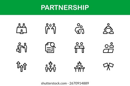 Ícones de Parceria Modernos - Conjunto de Vetor de Contorno Linear Plano com Handshake, Colaboração, Contrato, Trabalho em Equipe, Aliança, Acordo Comercial, Pacote Mínimo para Aplicativos, Web e Infográficos