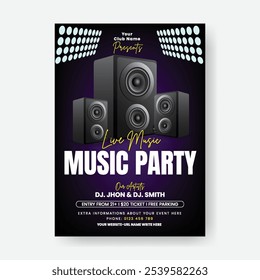 Modern Party a4 print flyer or poster template, Night music party flyer, electronic music festival and events poster, Nightclub disco dance flyer poster with speakers background, music party leaflet