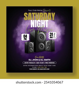 Modern Party invitation social media post template, Night DJ music party post, electronic music festival and events square poster, Nightclub disco dance post with 3d speakers background