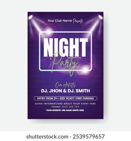 Modern Party invitation vertical print flyer or poster template for nightclub dance party poster, DJ music night party flyer, Music concert, disco club party, event flyer invitation neon light design