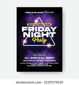 Modern Party invitation vertical print flyer or poster template for nightclub dance party poster, DJ music night party flyer, Music concert, disco club party, event flyer invitation neon light design