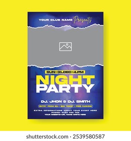 Moderne Party Einladung vertikale Print-Flyer oder Poster-Vorlage für Nachtclub Tanzposter, DJ Musik Nacht Party Flyer, Konzert, Disco Party Flyer Platz für Bild, Nachtklub Broschüre Cover