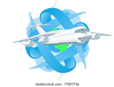Modern passenger airliner in the background of the Globe and abstract images of arrows pointing different directions.