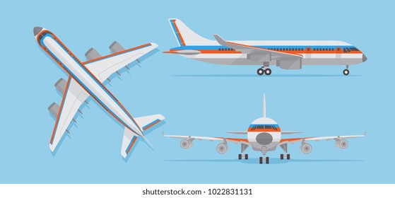 Modern passenger airplane, airliner in top, side, front view. Vector aircraft in flat style. Aircraft flight, airplane transport top view illustration