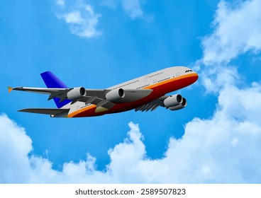 Modern passenger airplane flying high above white clouds against a deep blue sky. Hand drawn Illustration