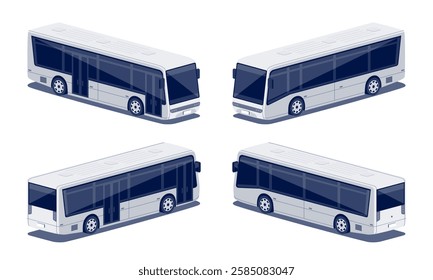 Modern passenger bus. Urban city transport vehicle for public personal transportation. General front side rear view with doors glass windows. Flat isolated vector illustration on white background.