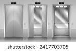 Modern passenger or cargo elevators, lifts with closed, opened and half closed, metallic cabins doors. Elevator door in office building. Floor indicators digits, realistic vector illustration