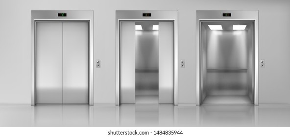 Modern passenger or cargo elevators, lifts with closed, opened and half closed, metallic cabins doors, floor indicators digits and glossy flooring in empty corridor 3d realistic vector illustration