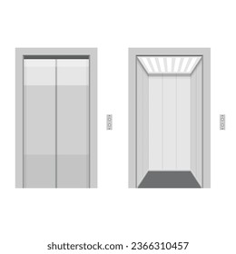 Modern passenger or cargo elevators. Lifts with closed and opened metallic cabin doors. Vector illustration