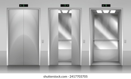 Modern passenger or cargo elevators, lifts with closed, opened and half closed, metallic cabins doors. Elevator door in office building. Floor indicators digits, realistic vector illustration