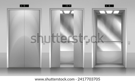 Modern passenger or cargo elevators, lifts with closed, opened and half closed, metallic cabins doors. Elevator door in office building. Floor indicators digits, realistic vector illustration