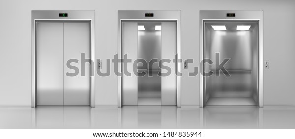 Modern passenger or cargo elevators, lifts\
with closed, opened and half closed, metallic cabins doors, floor\
indicators digits and glossy flooring in empty corridor 3d\
realistic vector\
illustration