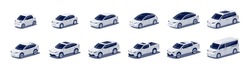 Modern Passenger Cars Body Types Fleet. Micro Mini, Small, Hatchback, Business Vehicle, Sedan Family Car, Crossover, Cuv, Suv, Pickup, Minivan, Van. Isolated Vector Object Icons On White Background.
