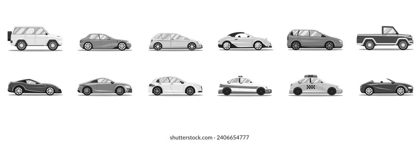 Modern passenger cars body types. Micro mini, small, hatchback, business vehicle, sedan family car, crossover,  suv, pickup, minivan, van. Isolated vector object icons on white background.