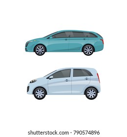Modern passenger cars for families, long trips and travel, transportation of luggage. A trip around the city on machine, shopping, entertainment and hobbies by car. Vector illustration.