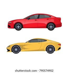 Modern passenger cars for families, long trips and travel, transportation of luggage. A trip around the city on machine, shopping, entertainment and hobbies by car. Vector illustration.