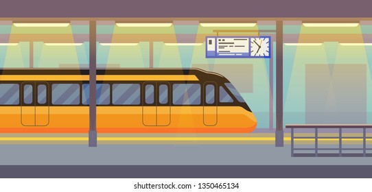 Modern passenger electric high-speed train in tunnel underground, subway, metro station interior with transport, vector illustration flat style