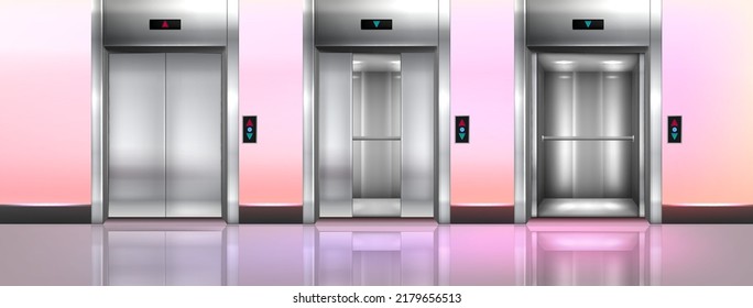 Modern Passenger Elevator With Button Panel On Wall And Glossy Floor. Office Hallway, Empty Lobby Interior With Lift With Open, Half Closed And Close Metallic Cabin Doors Realistic Vector Illustration