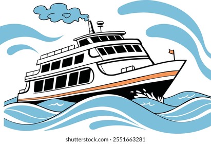 Modern Passenger ferry ship, A large modern double-decker Passenger ferry marine transport boats with waves vector flat icons.