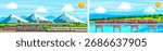 Modern passenger and high speed train at railway station and on bridge. Flat style stock vector set collection illustration for public transportation.