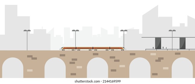 Modern Passenger Train in the City at the Stop Flat Vector Illustration. Industrial landscapes and transportation concept