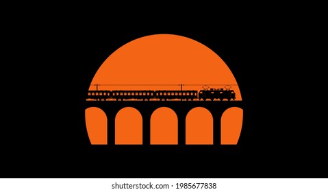 Modern passenger train with electric locomotive. Black silhouette on the sunset background. Vector illustration