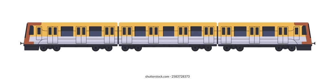 Modern passenger train side view. Underground railroad transport with carriages. Electric locomotive of subway with wagons. Railway coaches, rail transit. Flat isolated vector illustration on white