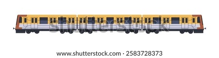 Modern passenger train side view. Underground railroad transport with carriages. Electric locomotive of subway with wagons. Railway coaches, rail transit. Flat isolated vector illustration on white