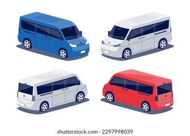 Modern passenger van car. Minivan middle size cargo minibus vehicle. Small corporate commercial person transport. Isolated vector red blue object icon on white background in isometric dimetric style.