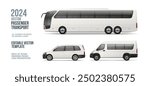 Modern Passenger Van, Coach Bus Side view blank mockup. White Bus with space for text or your branding design - realistic editable vector template. Horizontal blank for banner and advertesment