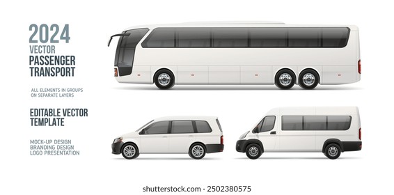 Modern Passenger Van, Coach Bus Side view blank mockup. White Bus with space for text or your branding design - realistic editable vector template. Horizontal blank for banner and advertesment