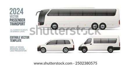 Modern Passenger Van, Coach Bus Side view blank mockup. White Bus with space for text or your branding design - realistic editable vector template. Horizontal blank for banner and advertesment