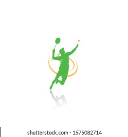 Modern Passionate Badminton Player in Action logo - Passionate Winning Moment Smash. Abstract Professional Young Badminton Athlete in Passionate Pose.	