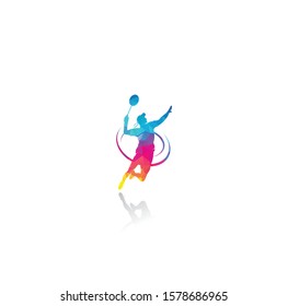 Modern Passionate Badminton Player in Action logo - Passionate Winning Moment Smash. Abstract Professional Young Badminton Athlete in Passionate Pose.	