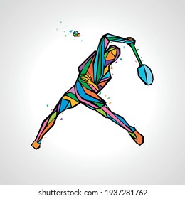 Modern Passionate Badminton Player In Action Logo - The Winning Smash In Trendy Abstract Colorful Polygon Style. Vector Illustration